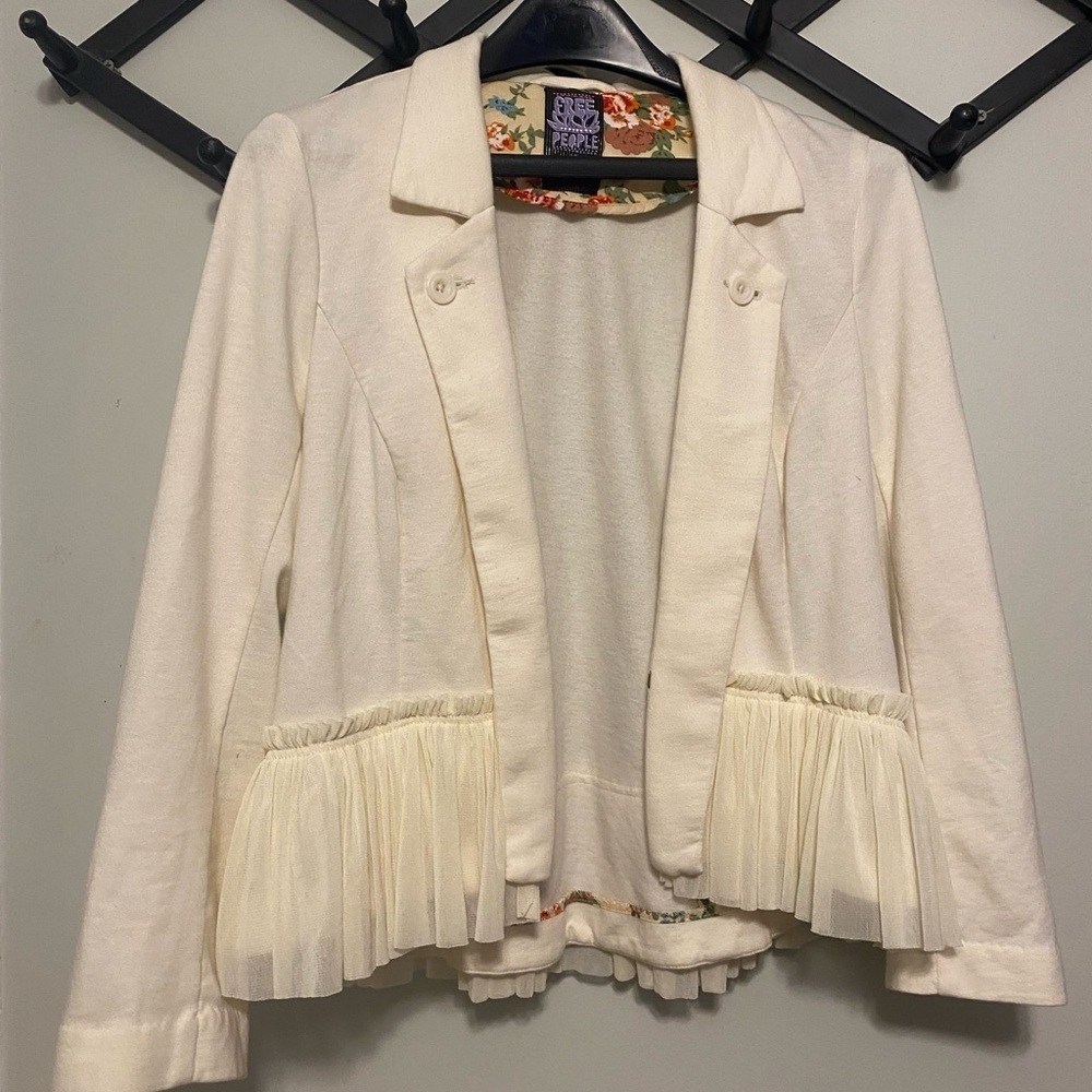Free People Cream Pleated Hem Open Blazer Sweater